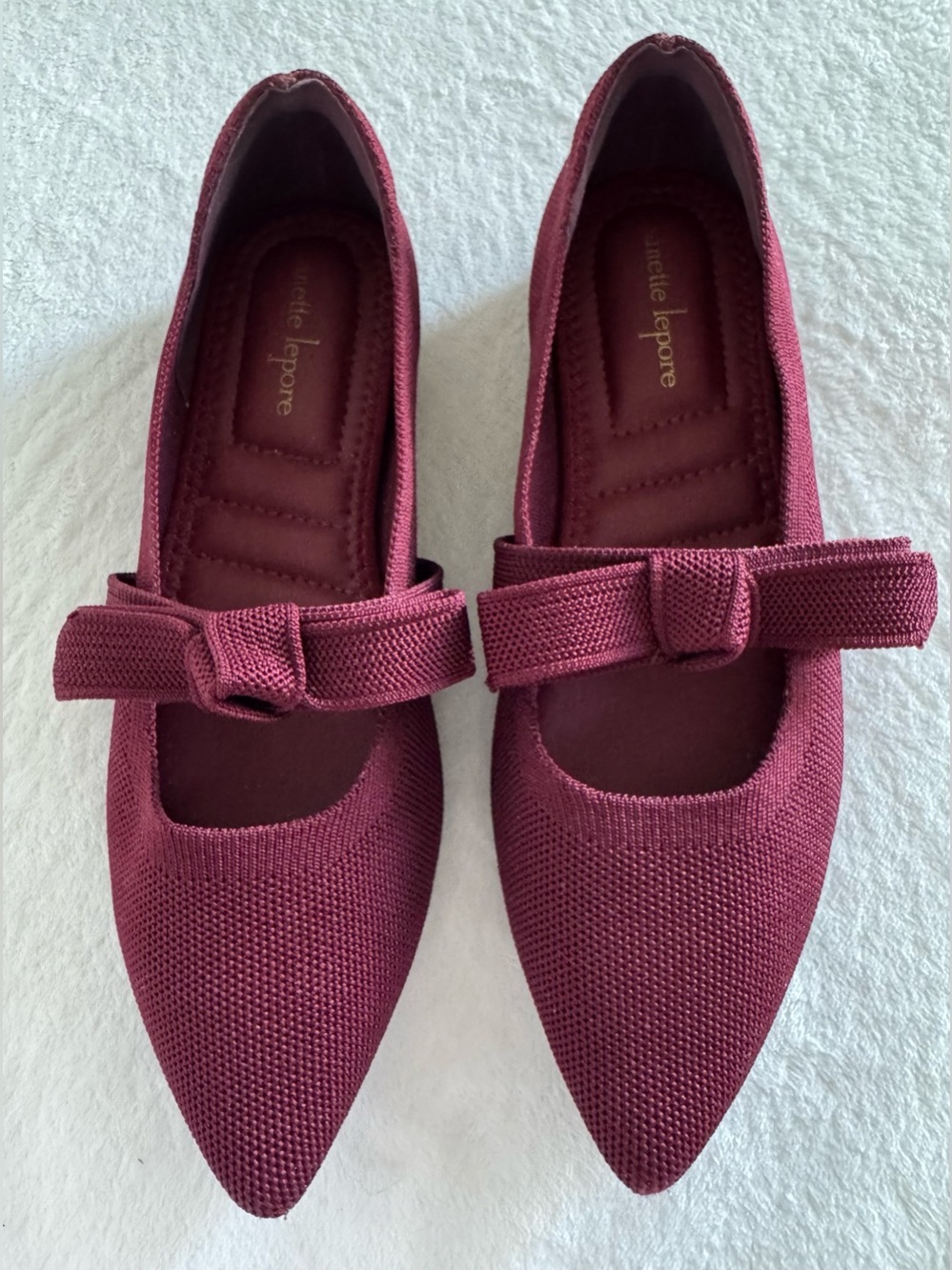NEW Nanette Lepore Stretch Knit Pointed Toe Flats Burgundy With Bow Size 9